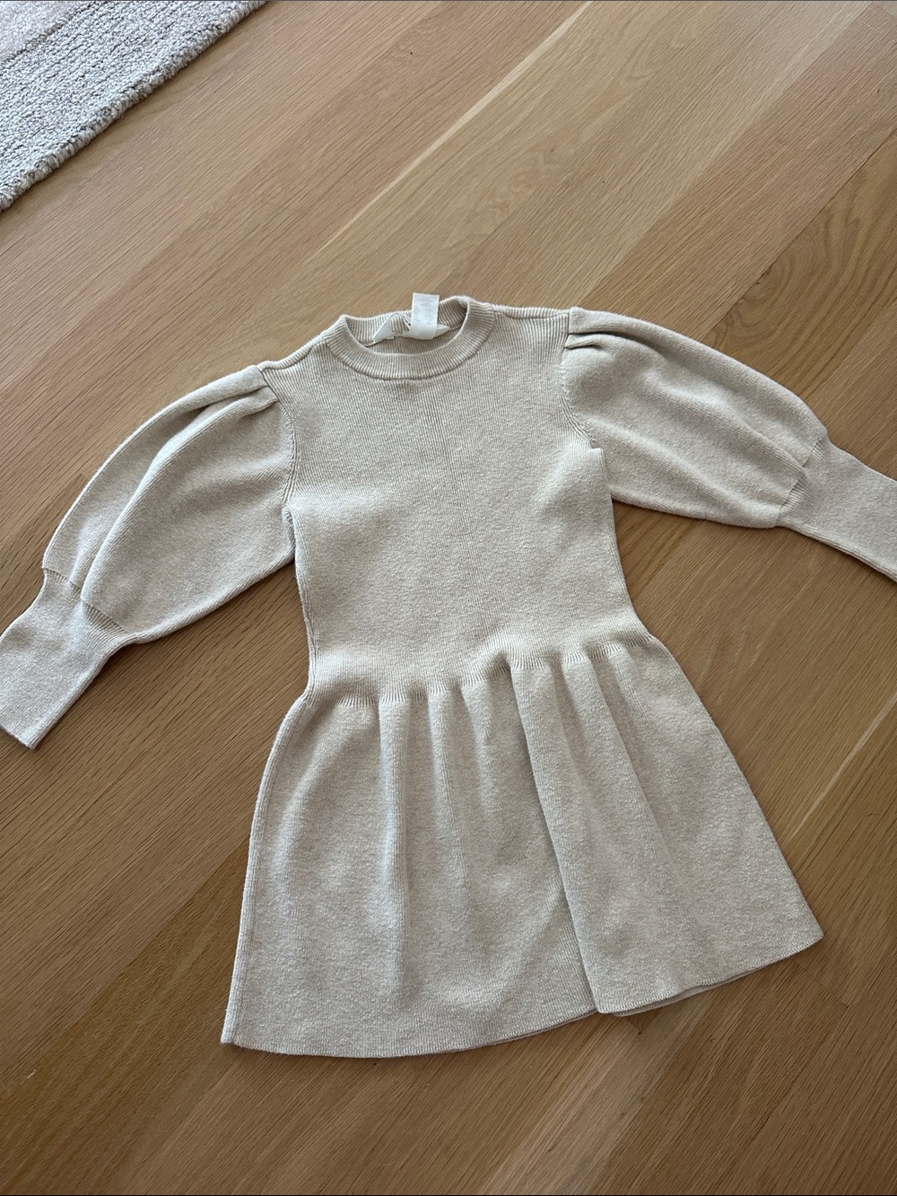 Girls Cream Knit Puff-Sleeve Dress